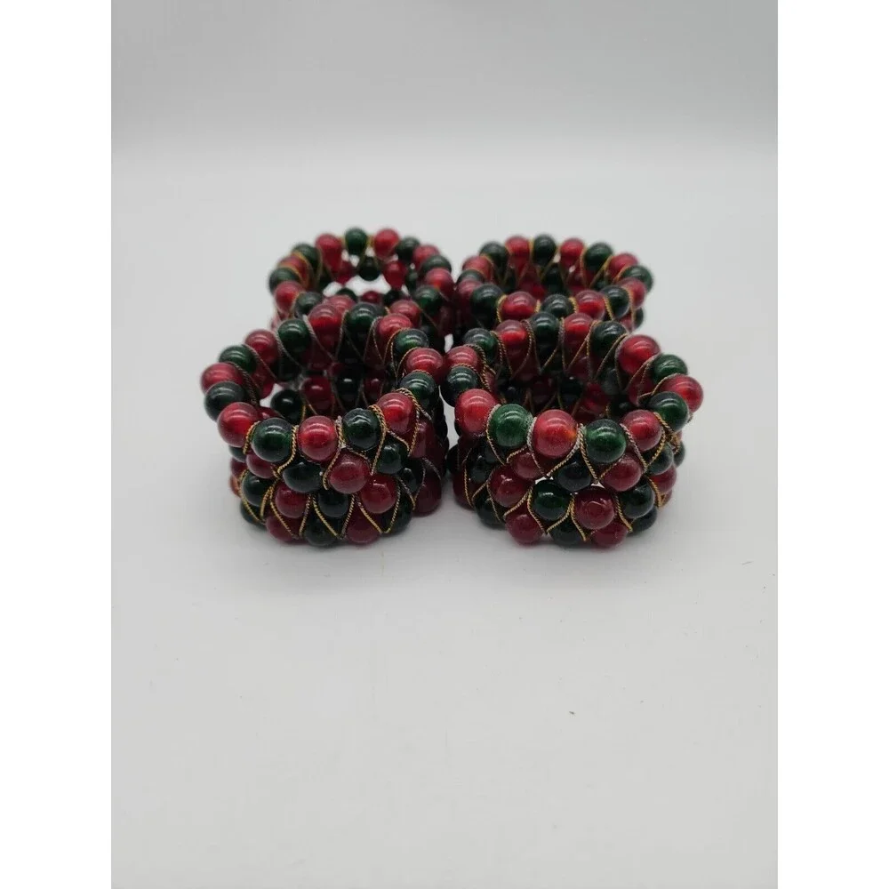 Kemp & Beatly set of 8 Christmas Red & Green Glass Beaded Napkin Ring Holders